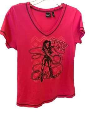 CRUEL Woman’s Hot Pink V Neck Short Sleeve Western Cowgirl T Shirt Size Medium